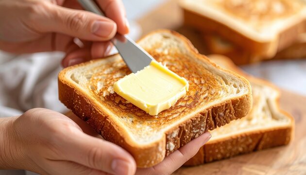 Chef spreading butter on toast for breakfast