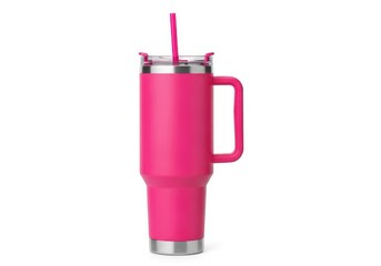 Pink insulated tumbler with handle straw isolated on white background