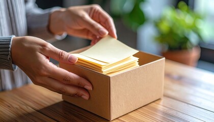 Woman picking up sticky notes from cardboard box on wooden table