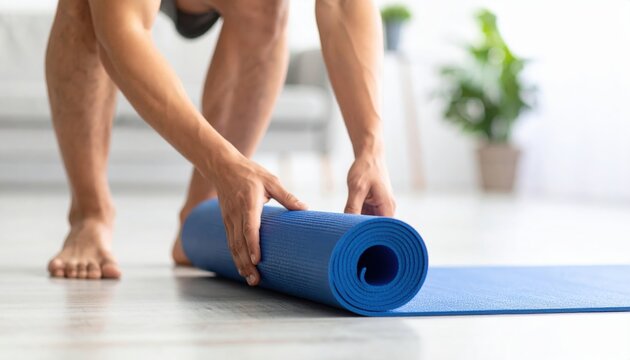 Man rolling blue yoga mat preparing for home workout - Powered by Adobe