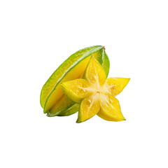Fototapeta premium Juicy Star Fruit Whole and Sliced Carambola Isolated on Black Background