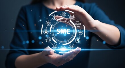 Hands cupping a glowing blue holographic SME circle surrounded by business and technology icons against a dark background.