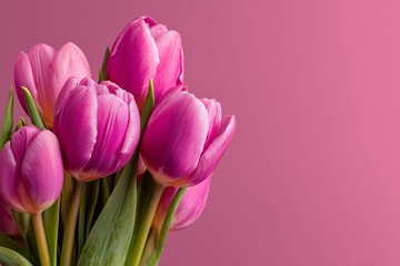 Obraz premium Flat lay of pink tulips on a soft pink background with copy space, minimalist pastel floral banner for spring themes and International Women's Day, top view in high-resolution with professional detail