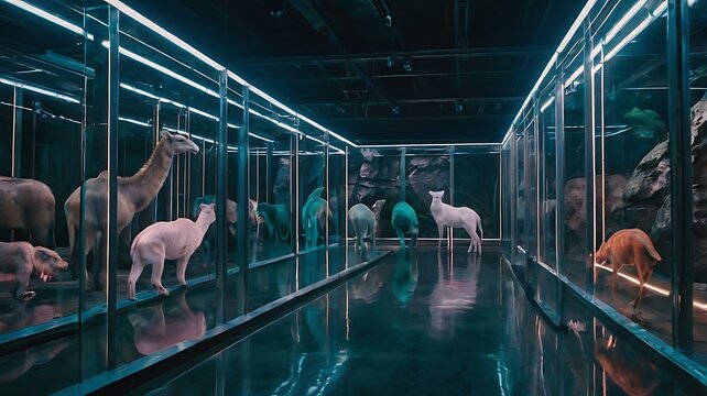 Futuristic Exhibit of a Woolly Mammoth in a Scientific Laboratory