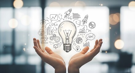 Hands Cupping a Floating Hand-Drawn Light Bulb Surrounded by Business and Idea Concept Sketches