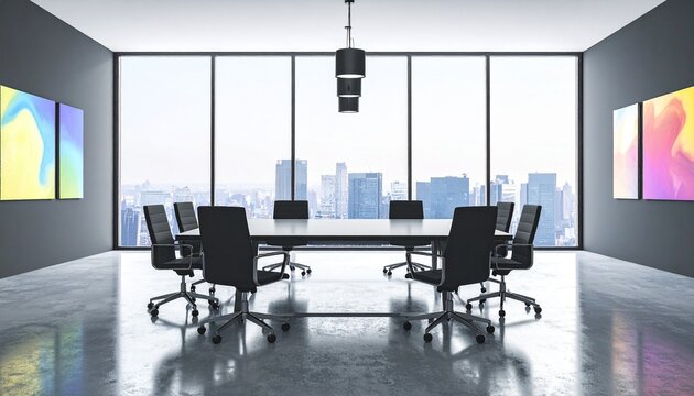 Modern conference room with sleek table, office chairs, abstract art, and city view—minimalist, professional, and naturally lit workspace.