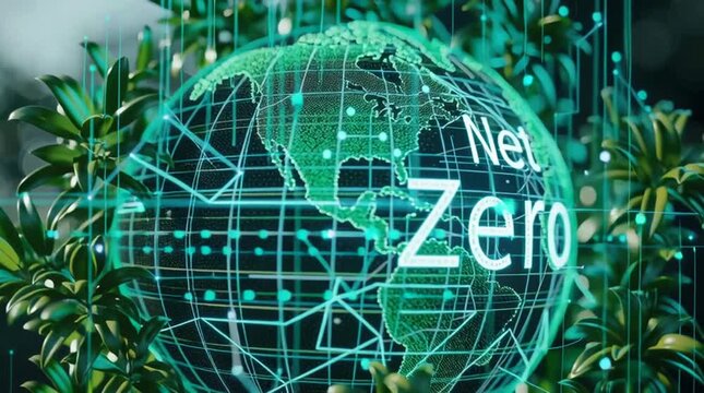 Concept of Net Zero Emissions with Green Leaves and Technology Elements
