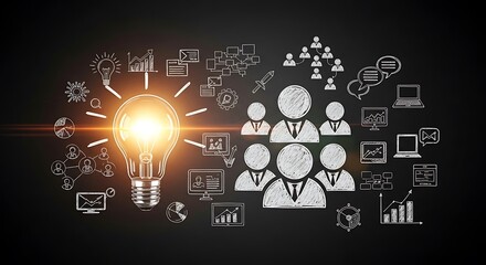 Glowing light bulb, stylized business people, and hand-drawn icons symbolizing team collaboration and strategy.