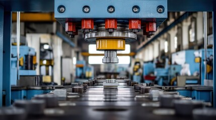 A large industrial machine in a factory, with a blue and yellow color scheme, is processing metal parts. 