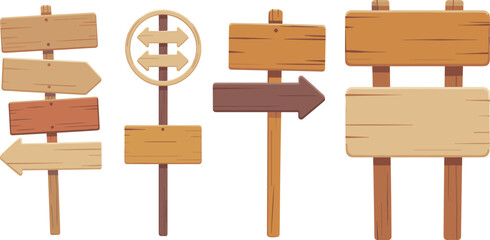 Cartoon wooden sign boards, directional arrows, empty wood signs for navigation, map icons, game UI, rustic blank guideposts.