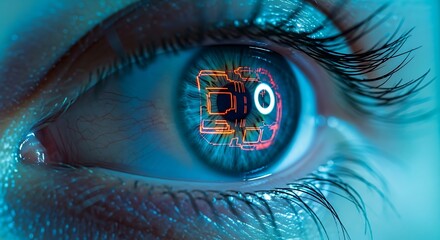 Extreme close-up of a human eye with glowing blue iris and intricate orange digital camera icon, symbolizing advanced optical technology.