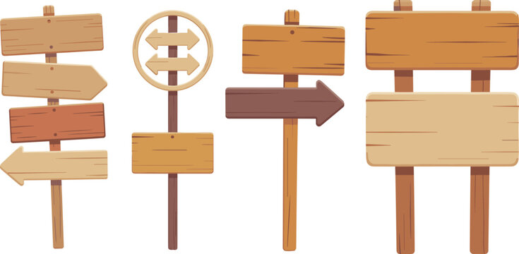 Cartoon wooden sign boards, directional arrows, empty wood signs for navigation, map icons, game UI, rustic blank guideposts.