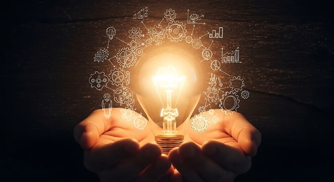 Cupped hands holding a brightly glowing light bulb with radiating hand-drawn business and innovation concept icons. - Powered by Adobe