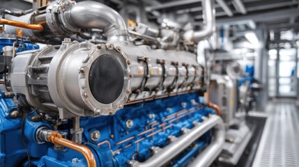 A large industrial engine with metallic components and pipes in a factory setting.