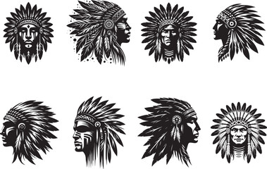 Native American Portraits in Headdresses Silhouette