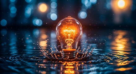 Luminous light bulb splashing into dark water, creating dynamic ripples and surrounded by vibrant blue and orange bokeh lights.