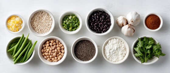 Colorful assortment of fresh ingredients for healthy meal preparation on a light background