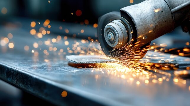A metal grinder cutting a piece of metal with sparks flying.