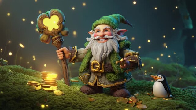 Gnome, gold, and penguin pal