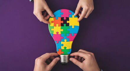 Multiple hands collaboratively assemble a vibrant, colorful jigsaw puzzle shaped like a light bulb on a bright purple surface.