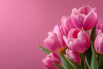 Obraz premium Flat lay of pink tulips on a soft pink background with copy space, minimalist pastel floral banner for spring themes and International Women's Day, top view in high-resolution with professional detail