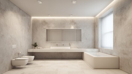 Pristine bathroom with marble walls, a rectangular tub, and modern, minimalist fixtures