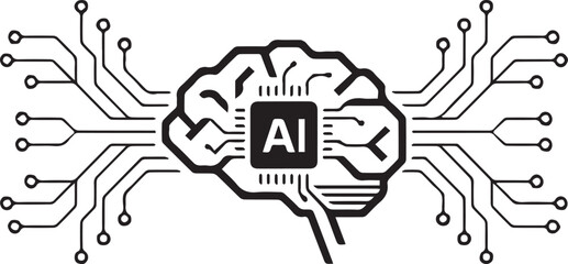 AI Brain Chip with Circuit Lines – Black and White Vector Illustration