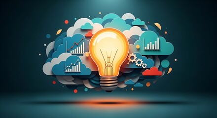 Bright light bulb emerging from layered paper art clouds with business data and technology icons