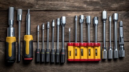 A collection of various screwdrivers and tools arranged on a wooden surface.