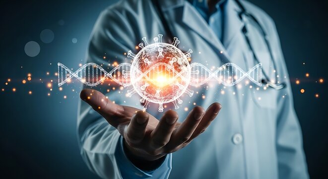 Doctor's Hand Holding Holographic COVID-19 Virus and DNA Strand with Glowing Core in Research Lab