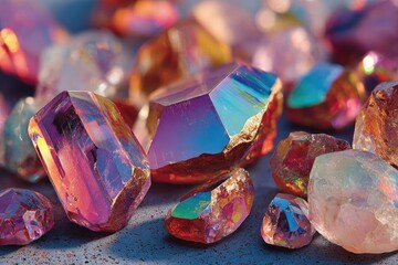 Iridescent gemstones scattered on a surface