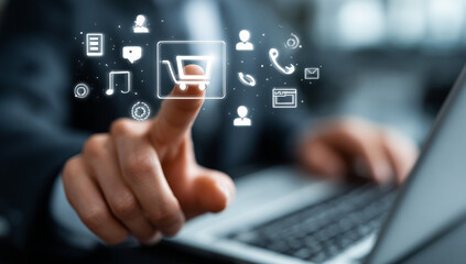 Man taps shopping cart icon on interface. Illustrates e-commerce, digital shopping, and online services. Use for marketing, web design, advertising.