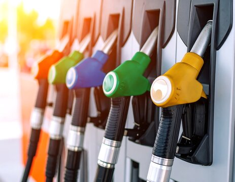 Colorful fuel pumps at a gas station