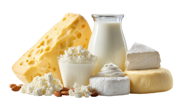 Dairy product assortment.  Various cheeses, milk, and dairy creams arranged