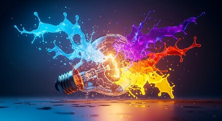 Luminous light bulb bursting with vibrant colorful liquid splashes on a dark gradient background