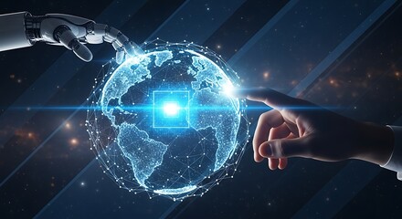 Human and robot hands touching a glowing blue digital earth globe with network connections against a starry background