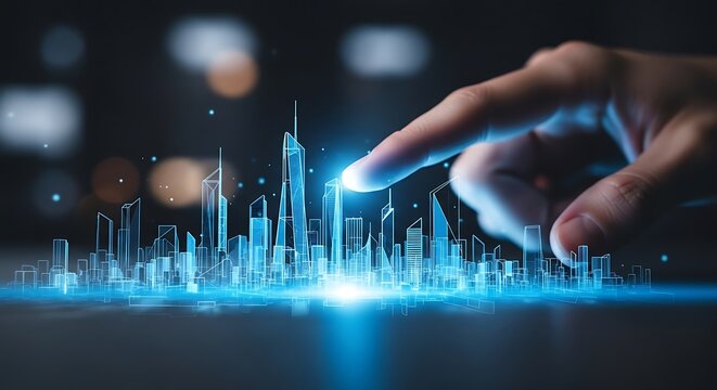 Human hand interacting with a glowing blue futuristic city skyline hologram on a dark background