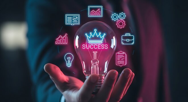 Hand holding a glowing light bulb with "SUCCESS" text and a crown surrounded by neon business icons