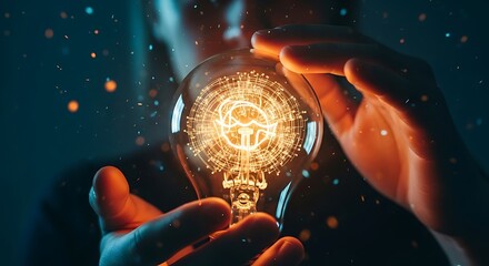 Hands gently holding a glowing light bulb with an intricate digital circuit pattern on a dark illuminated background