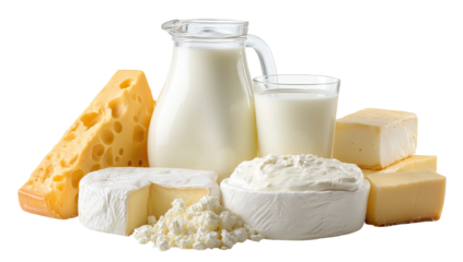 Assorted dairy products, including milk, cheese, and cream