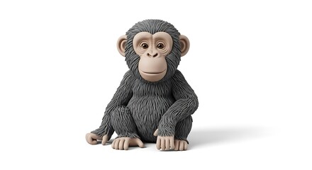 An adorable toy chimpanzee figurine sitting down, captured in a studio shot and isolated on a clean white background.