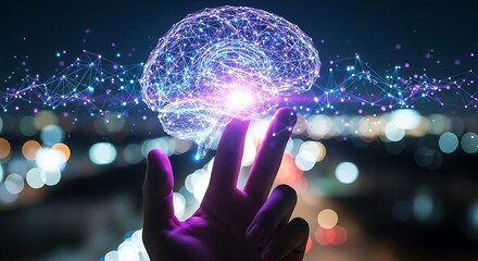 Human hand reaching towards a glowing wireframe brain connected to a digital network above blurred city lights.