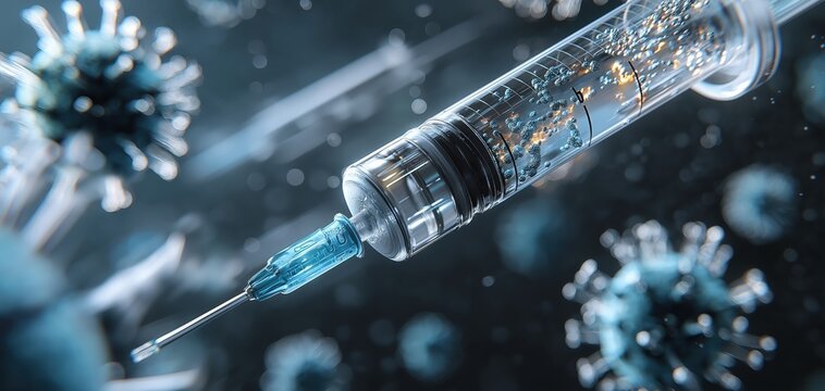 A close-up of a syringe, potentially a vaccine, surrounded by stylized virus particles, representing immunization and medical research. - Powered by Adobe