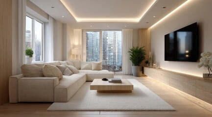 Modern living room with beige sectional sofa, large TV, and recessed lighting