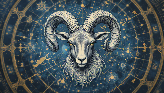 Majestic aries ram head with intricate zodiac constellation background symbolizing astrology and celestial guidance