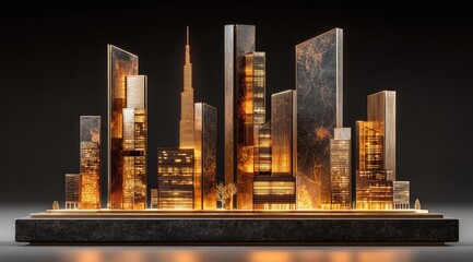 Golden cityscape model on dark base