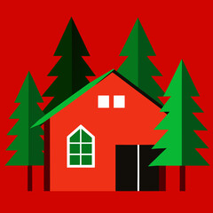 Cozy red cabin surrounded by green pine trees on a red background