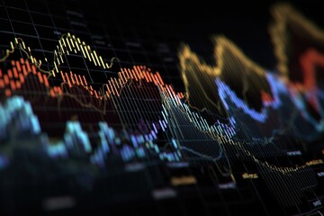 A dynamic financial chart on a digital screen, showing stock market data fluctuations with colorful graphs, lines, and bars against a dark background.