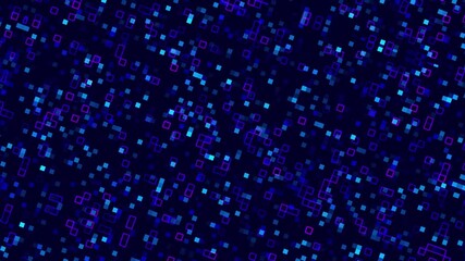Glowing blue purple squares grid rotating on dark video background, creating dynamic digital patterns motion animation for backdrop, wallpaper, banner, cover design