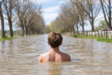 Fototapeta premium A child swimming in floodwaters on a flooded road, lined with trees, with a fence visible, the floodwaters are murky.